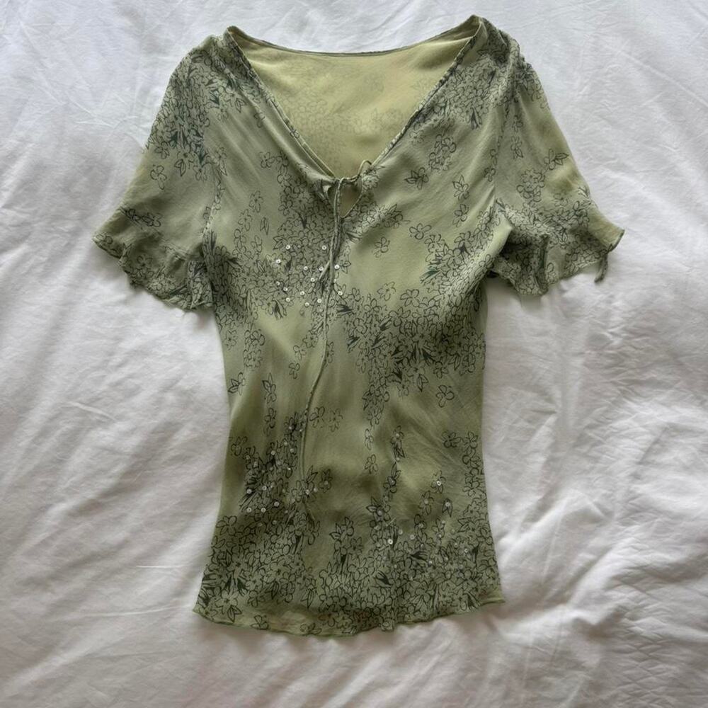 Green floral teal silk blouse